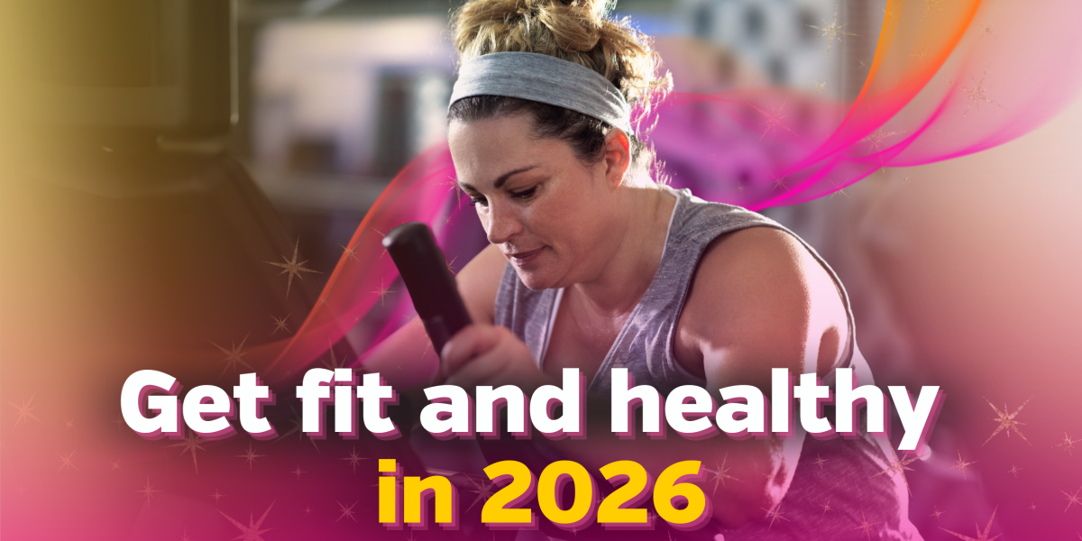Woman on cross trainer with words get fit and healthy in 2026