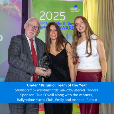 Ballyholme Yacht Club, Emily and Annabel Ridout receiving Under 18s Junior Team of the Year award.
